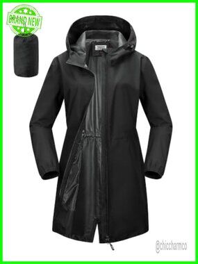 Waterproof Rain Jacket Long Hooded Packable Lightweight Hiking